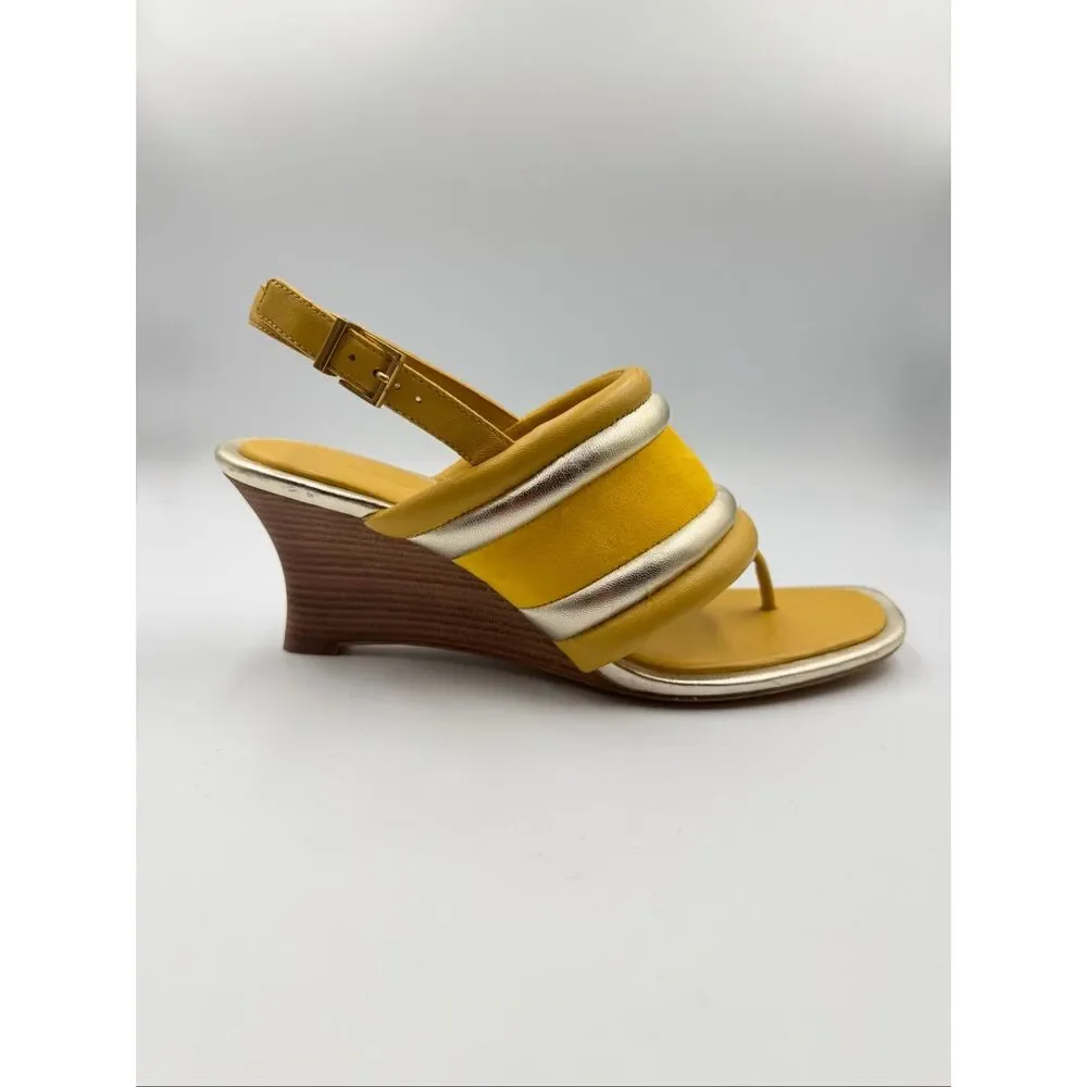 Tory Burch Yellow Metallic Puffy Leather Wedge Sandal Slingback Open Toe Size 9M